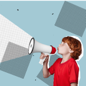 A child in a red shirt holds up a white megaphone; to the left of them, a white graphic spreads from the megaphone; behind them is a blue background with occasional black dotted squares