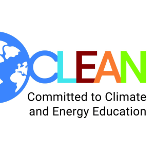 Logo featuring a blue graphic of Earth with colored lines to the left of it; text reads "CLEAN, Committed to Climate and Energy Education"