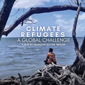 Climate Refugees: A Global Challenge poster, showing a person sitting on some driftwood overlooking the ocean and a cloudy sky