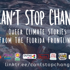 Underwater view of two bodies floating together with white text "Can't stop change: Queer Climate Stories from the Florida Frontlines"