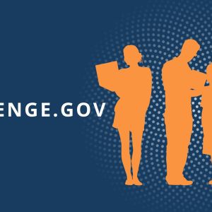 Dark blue background with white text that reads, "Challenge.Gov" and to the right of it is an orange illustration of silhouettes of people