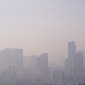 A smoggy city skyline.