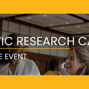 A picture of adults talking with text that reads "Civic Research Cafe, A Live Event"