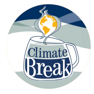 Climate Break logo showing a steaming mug with an image of Earth and the words ‘Climate Break’. Text reads: ‘Climate Break – Stories of Climate Progress – In under 2 minutes. Join host Ethan Elkind for interviews with climate innovators from California and around the world. Ready to learn about the possibilities for solving climate change? Subscribe today!’ Logos for Apple Podcasts, Spotify, and KALW radio are shown below.