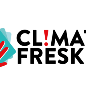 Logo featuring a red hand on top of a blue pile of cards; next to this, text reads "Climate Fresk"