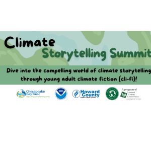 Green graphic with text that says "Climate Storytelling Summit" with a row of logos at the bottom