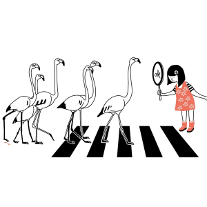 Illustration of flamingos walking across a crosswalk