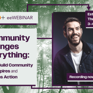 Text "Community Changes Everything: How to Build Community That Inspires and Sustains Action" and a photo of Esteban Gast