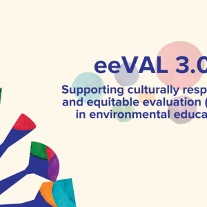 Multicolor artist tools are arranged in the bottom corner with the text "eeVAL 3.0: Supporting culturally responsive and equitable evaluation in EE."