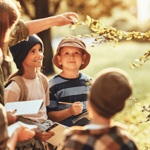 A group of children stand around an adult pointing to a leafy branch of a tree; behind them is a blurred grassy and tree-filled background