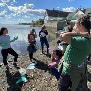 A group of teachers watching an instructor on the lakeshore