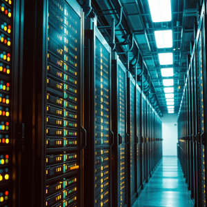 A deep hallway within a data center includes shelves with multicolored lights