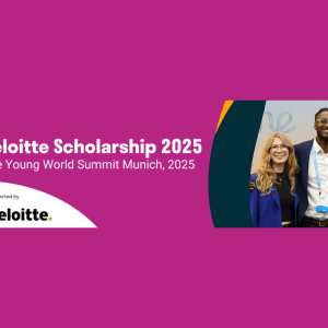 A graphic with the text 'One Young World' at the top, followed by 'Deloitte Scholarship 2025' and 'One Young World Summit Munich, 2025'. The text 'Supported by Deloitte' is at the bottom right. The background is a gradient of light to dark blue.