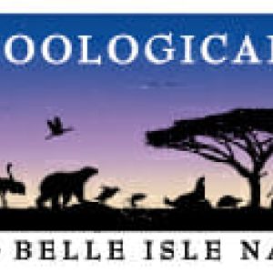 Image shows the words Detroit Zoological Society in white text on a blue and purple background, with a line of silhouettes in black beneath it depicting animals, tress, and humans. 