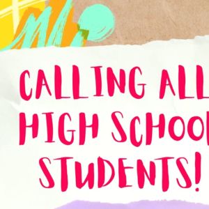Colorful collage graphic with pink text that reads "Calling all high school students! Help us fight the climate emergency with your voice!"