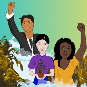 Three stylized figures stand amidst swirling water against a backdrop of lush, green, coniferous forests and a gradient sky transitioning from teal to yellow