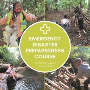 Photos of children playing outside with text in a circle reading "Emergency Disaster Preparedness Course"