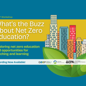 Illustration of skyscrapers behind plants with text: "GEEP Workshop, What's the Buzz About Net Zero Education, Exploring net zero education and opportunities for teaching and learning. Recording Now Available!" and Logos for GEEP, Taiwan Ministry of Environment, US EPA, NAAEE 