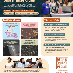 Program title, dates, and location details next to four young people smiling around a laptop covered in stickers, with thumbnails of past student climate and environmental justice mapping projects.