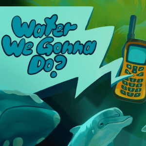 An otter, dogfish, dolphin, and North Atlantic Right whale listen to a shell-phone ask: "Water We Gonna Do?"