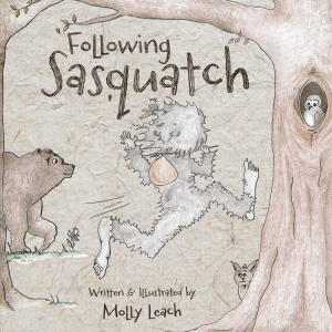 Illustration of Sasquatch, a furry creature with a friendly demeanor, playfully skipping through a forest carrying a sack. A curious bear peeks from behind a tree, while an owl watches from a tree hollow and a small animal peeks around another tree trunk. The scene captures a whimsical and nature-inspired atmosphere.
