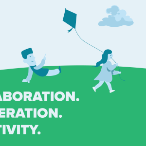 NAAEE Affiliate Network Outside for 5 badge rests below blue and green illustrated image of children playing outside. White text says "Collaboration. Cooperation. Creativity."