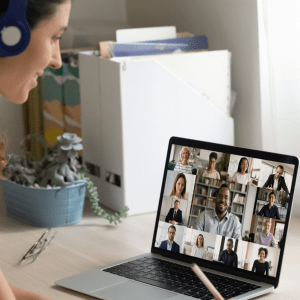 young women with headphones on zoom conference call