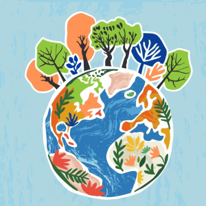 Graphic with a blue background and an illustration of a colorful world with trees growing at the top