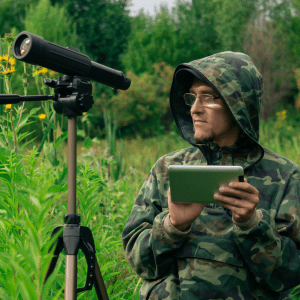 A telescope stands to the left of a person in a camo hood holding a clipboard; behind them is a field of grass with trees further in the distance