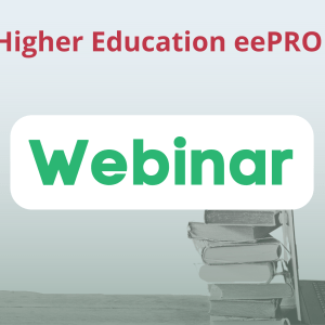Icon of a red graduation cap in a darker red circle with red text on the right that says, "Higher Education eePRO Group." Under that in green text is "Webinar." A grayscale photo of a laptop screen propped by a stack of books lying on a table.