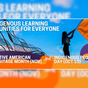 Native American imagery fill the background in orange and purple under the text "Native American History Month: November' and "Oct. 13: Indigenous Peoples' Day"