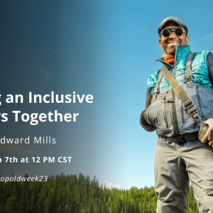 Text: Creating an Inclusive Outdoors Together with James Edward Mills Tuesday, March 7th at 12 PM CT crowdcast.io/c/leopoldweek23 Image: James Edward Mills standing in front of trees and the sky wearing outdoor gear 