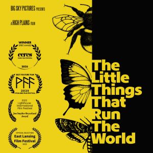 The Little Things That Run the World documentary poster, yellow and black with silhouettes of flying insects