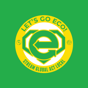 Green rectangle with a superhero-style logo featuring a lowercase "e" in the center; around the e, a circle reads "Let's Go Eco! Stream Global Act Local"