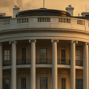 The white house sits behind a body of water and in front of a tornado and fire; White text reads "Inside the Biden White House, Climate Adaptation Wins, Misses - and the Road Ahead" 