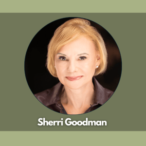 A green rectangle; text on the left reads "Sherri Goodman, Threat Multi-plier, Climate, Military Leadership, and the Fight for Global Security"; to the right is a picture of a person with the text "Sherri Goodman" under it