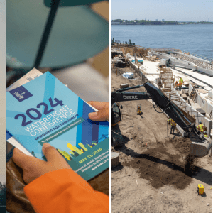 Four photos in a grid showing the Statue of Liberty, a conference book, a shoreline, and a conference presentation