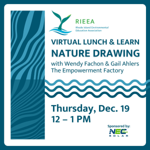 A white, rounded square sits on a blue background; text on the square reads "Virtual Lunch & Learn, Nature Drawing, with Wendy Fachon & Gail Ahlers, The Empowerment Factory, Thursday, Dec. 19 12-1 PM"