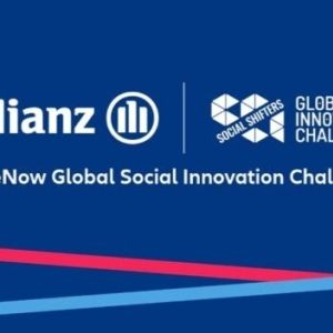 A blue banner featuring the Allianz and Social Shifters Global Innovation Challenge logos, the text “MoveNow Global Social Innovation Challenge,” and pink and light-blue diagonal lines along the bottom.