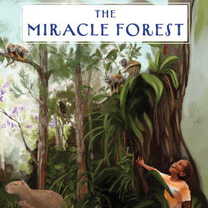 Illustration of a lush rainforest with vibrant greenery, monkeys perched on branches, a capybara and its baby in the foreground, and a smiling child touching a large tree trunk. The scene conveys a sense of harmony between nature and humans, surrounded by dense foliage and wildlife.