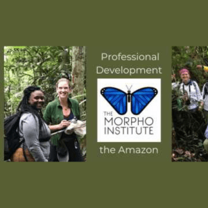 Green background with photos of people studying in a jungle, and the Morpho Institute logo in the middle