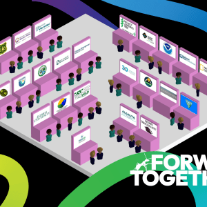 Black background with multiple colorful swirls, 3D booths in the center, and the words, "Forward Together" in the bottom left corner
