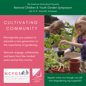 Flyer with text on the left that reads, "Cultivating Community" and on the right is a photo of two people holding potted herbs