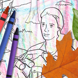 A coloring page featuring Jane Goodall with crayon scribbles under it; above this four crayons are on the left: orange, red, blue, and purple; on the right is a green smooth leaf and an orange leaf with multiple pointed tips