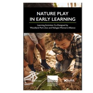 The title, "NATURE PLAY IN EARLY LEARNING," is large and prominent, with a slightly darker text color.  Underneath, smaller text specifies "Learning Activities Co-Designed by Woodland Park Zoo and Refugee Women's Alliance."    The visual portion of the image features a young child, likely preschool age, with dark hair, crouched down on the ground, engaging in a learning activity. 