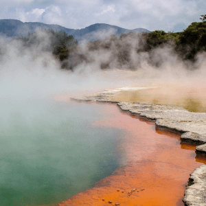 A body of water covered in steam with mountains and sky in the background; the shore to the right has orange outlining it
