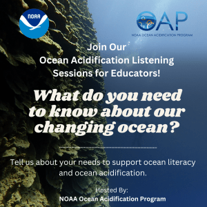 Photo of coral in the ocean with information about the listening sessions. "What do you need to know about our changing ocean?"