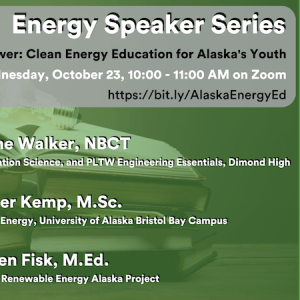 A lightbulb sits on top of two books; top left corner reads "REAP," to the right of that says "Energy Speaker Series, Knowledge is Power: Clean Energy Education for Alaska's Youth"; under this the speakers' names are listed