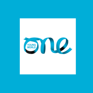 A banner showing the One Young World Logo in a light blue ribbon