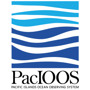 Logo with graphic blue waves and text that reads "PacIOOS, Pacific Islands Ocean Observing System"